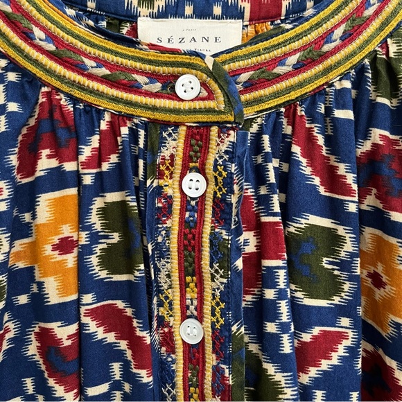 Sezane Robe Glorina Midi Dress in Candy Multicolor Ikat Print Embroidered Trim - Picture 13 of 16